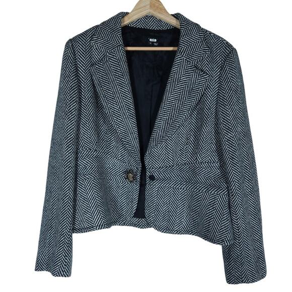 ECI New York Womens Blazer 14 Black White Herringbone Tweed Jacket Chic Workwear - Picture 7 of 15